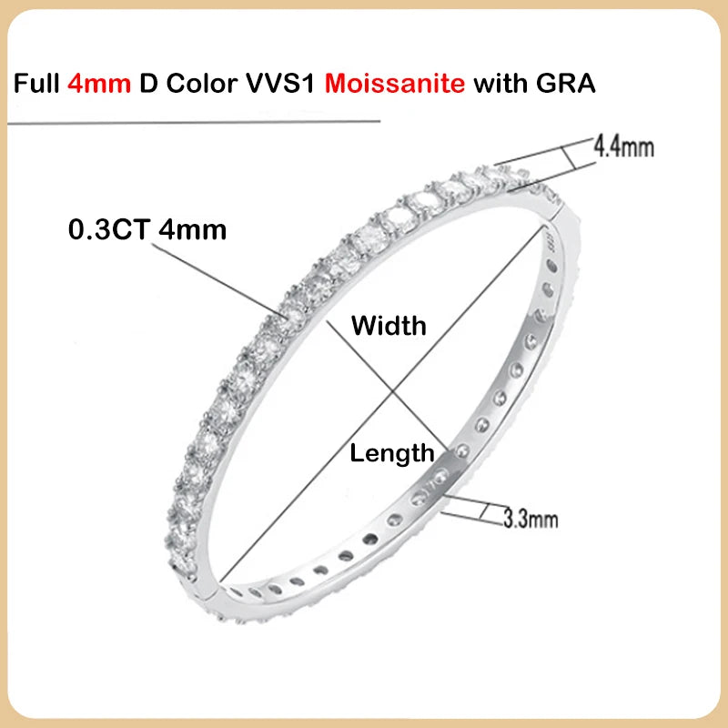 4mm Moissanite Silver Bangle 19cm Party Bracelet