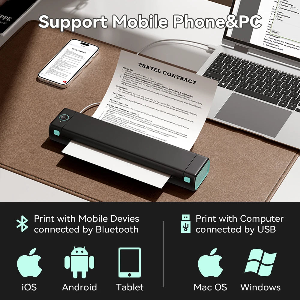 Portable A4 Thermal Printer Wireless Bluetooth for Phone & PC