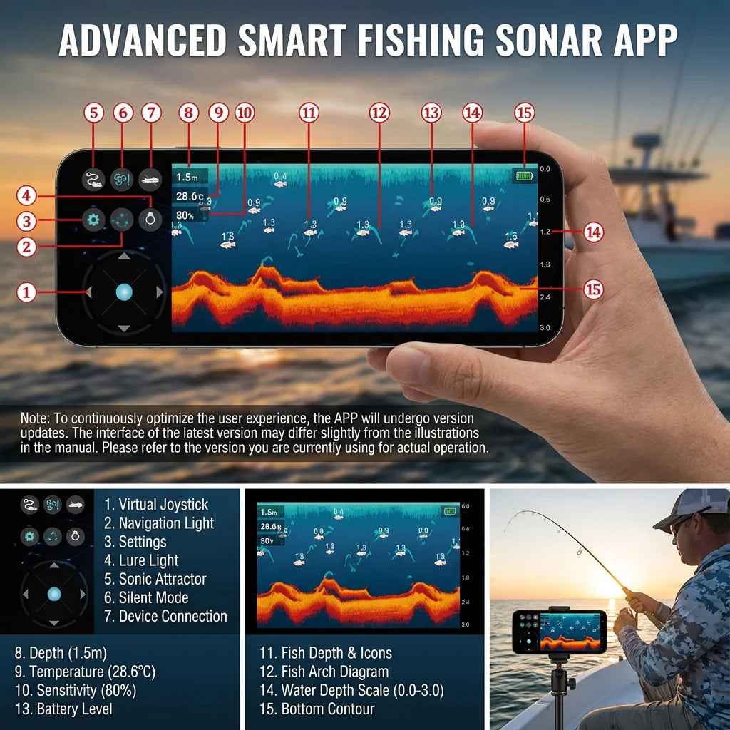 Wireless Sonar Fish Finder with App for Kayak Boats