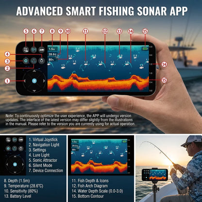 Wireless Sonar Fish Finder with App for Kayak Boats