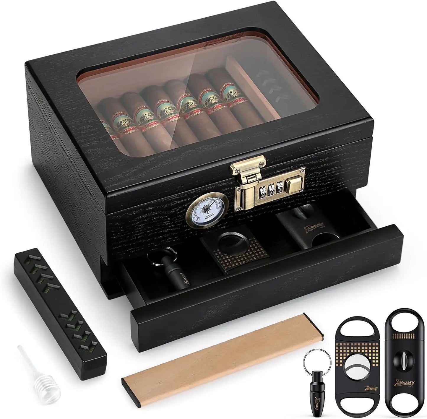 Black Cedar Humidor with Accessories Drawer and Front Hygrometer