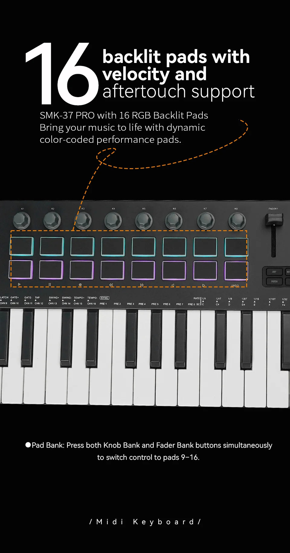37-Key USB MIDI Keyboard Controller with 16 RGB Pads