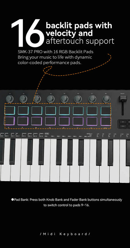 37-Key USB MIDI Keyboard Controller with 16 RGB Pads