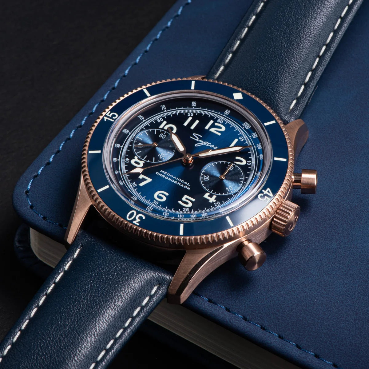 Luxury Pilot Chronograph Watch with Blue Dial and Leather Strap