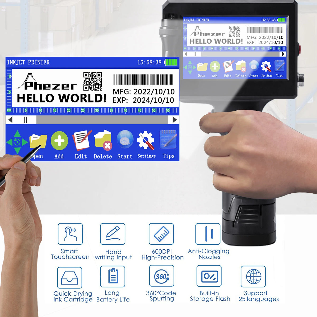 Handheld Inkjet Printer 12.7mm Date Code QR Logo Printing