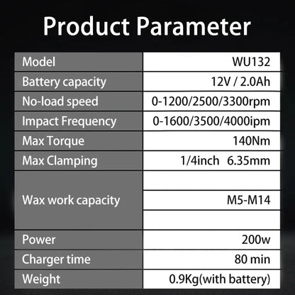 Cordless 12V Impact Screwdriver 140Nm Brushless Motor
