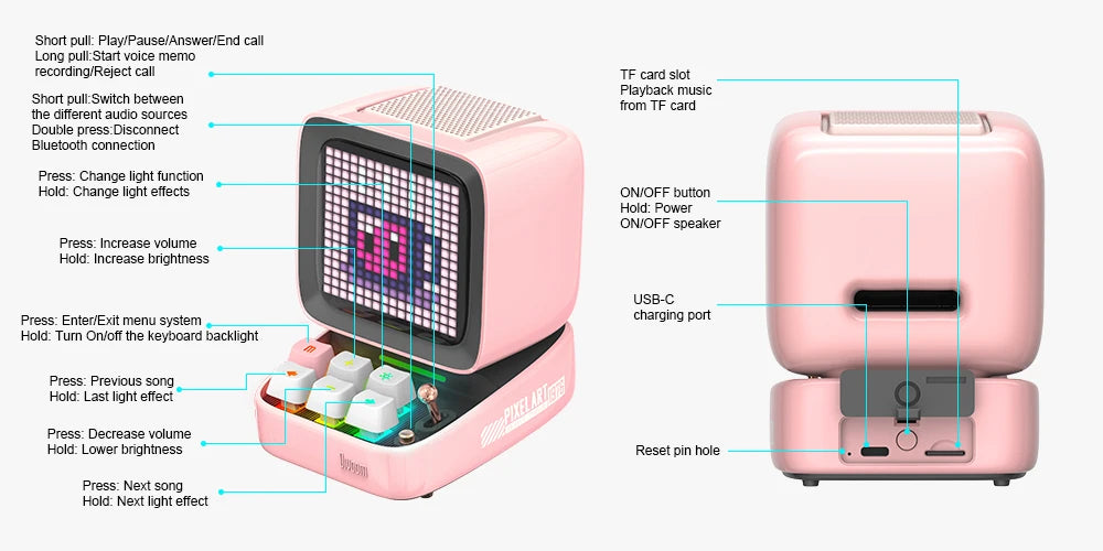 Portable Blue Bluetooth Speaker with Pixel Display and Alarm Clock