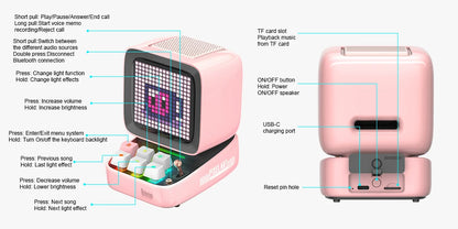 Pink Retro Pixel Art Bluetooth Speaker with LED Display Clock