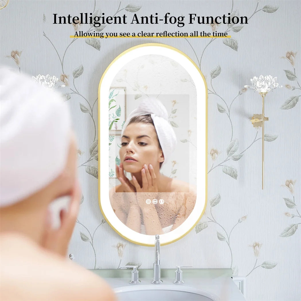 100x50cm Gold Frame Oval Mirror with LED & Demister