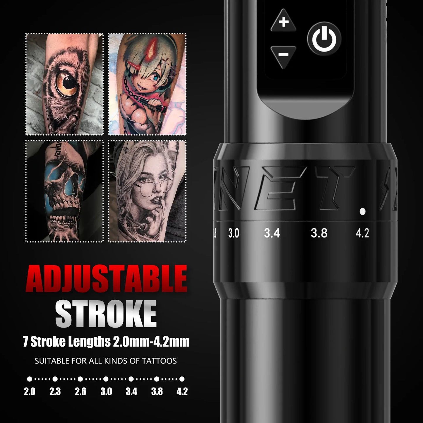 Cordless Tattoo Machine Pen LCD Battery Adjustable Stroke