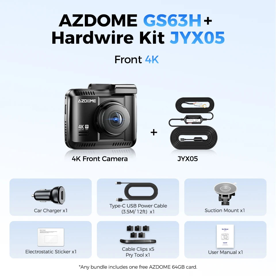 4K Dash Cam 1-Channel GPS WiFi 64GB