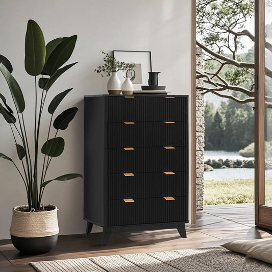 Modern 5 Drawer Tall Dresser Wave Fluted Design
