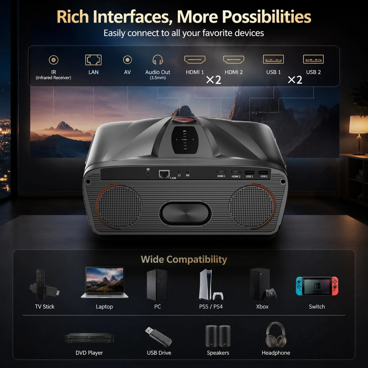 4K Supported 1080P Home Theater Projector with Bluetooth