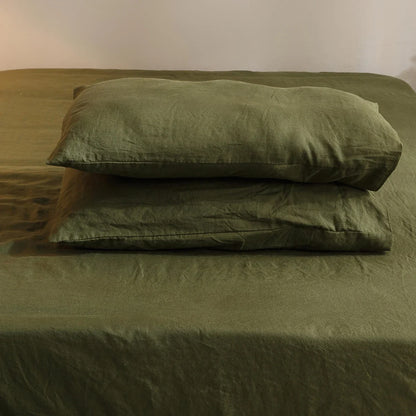 Army Green Linen Flat Fitted Pillowcases 4 Piece King Size