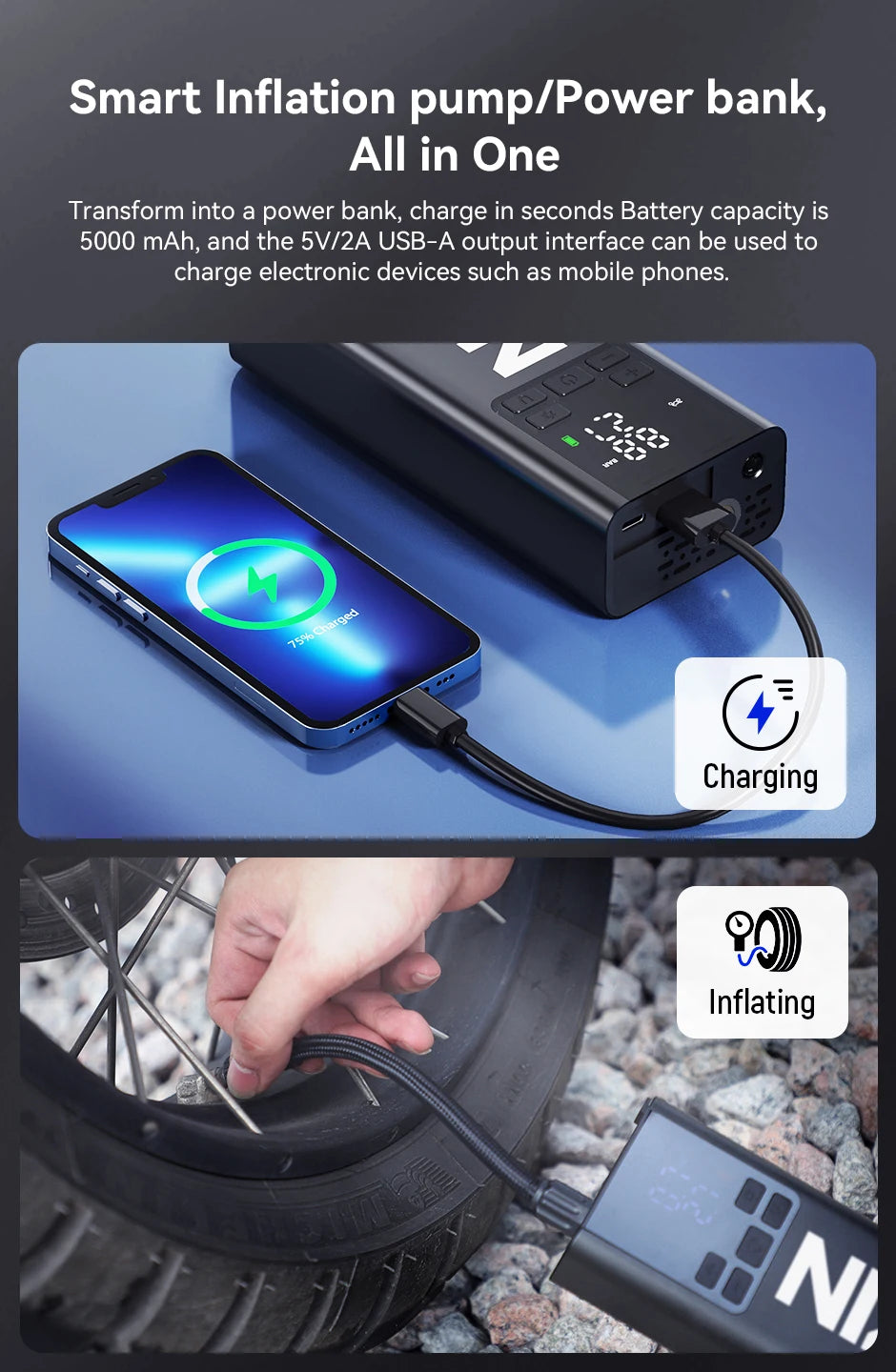 Portable Smart Air Pump 5000mAh Tire Inflator