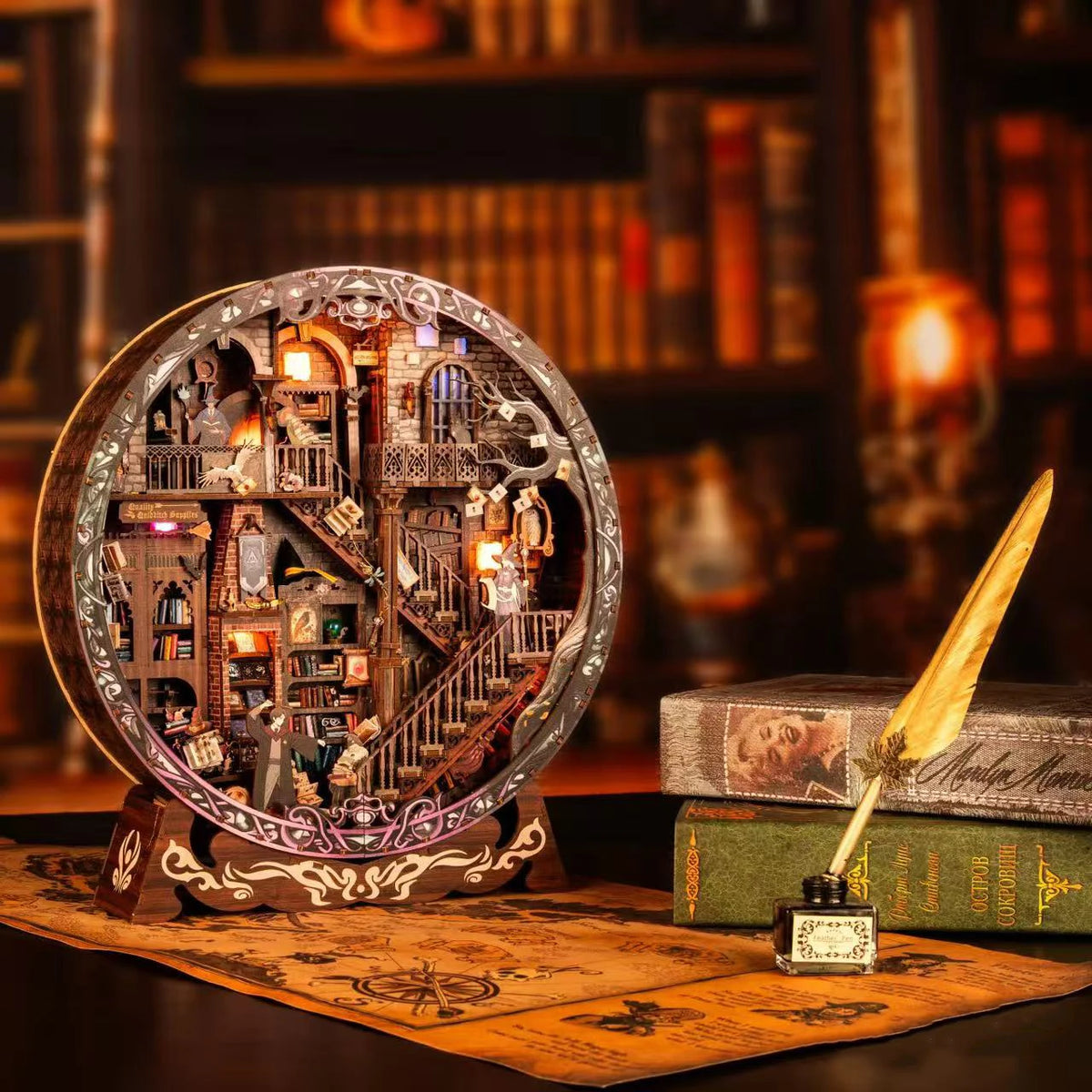 DIY Wooden Miniature Magic Library Dollhouse Kit with Furniture
