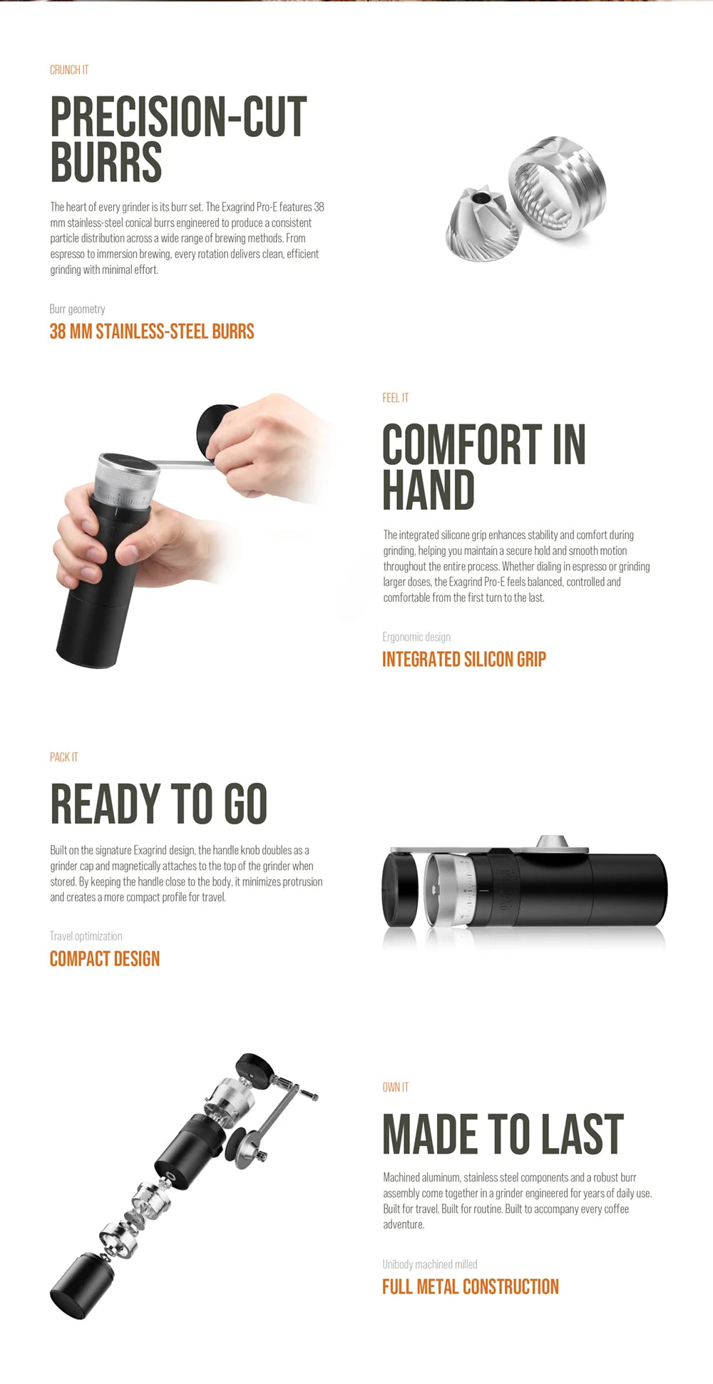 Manual Coffee Grinder with 38mm Stainless Steel Conical Burrs