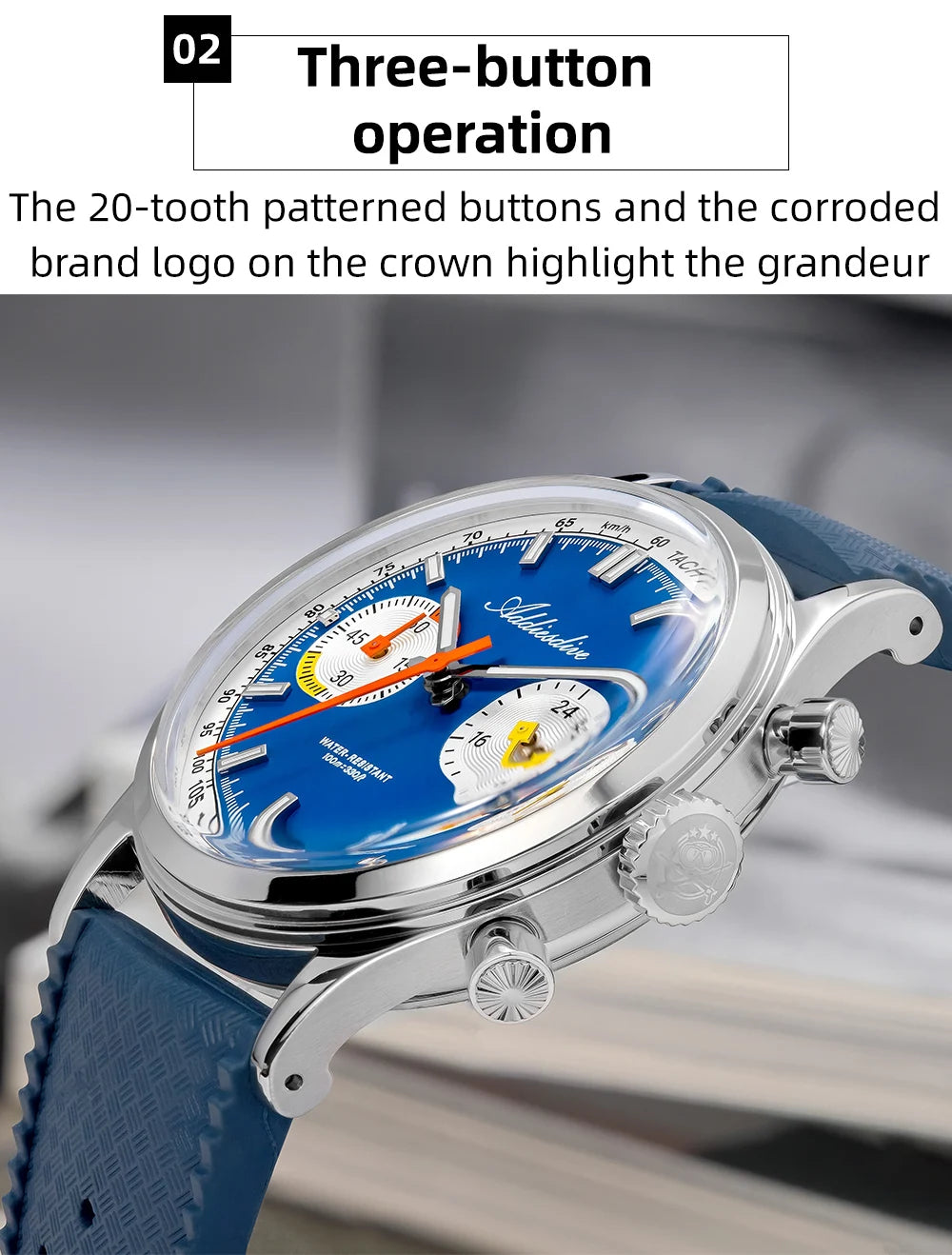 Men’s 38mm Waterproof Chronograph Watch Domed Glass Blue