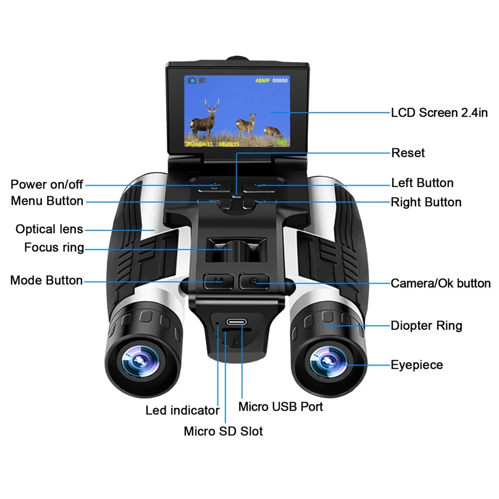 12X Optical Zoom Digital Binoculars Camera 48MP
