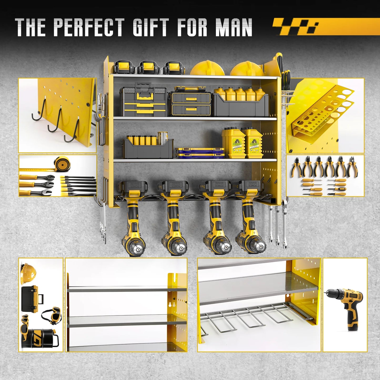 Heavy Duty Power Tool Wall Organizer Rack with Hooks