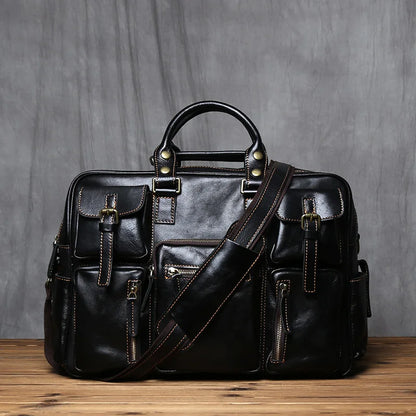 Black Leather Laptop Briefcase Large Capacity Travel Ready