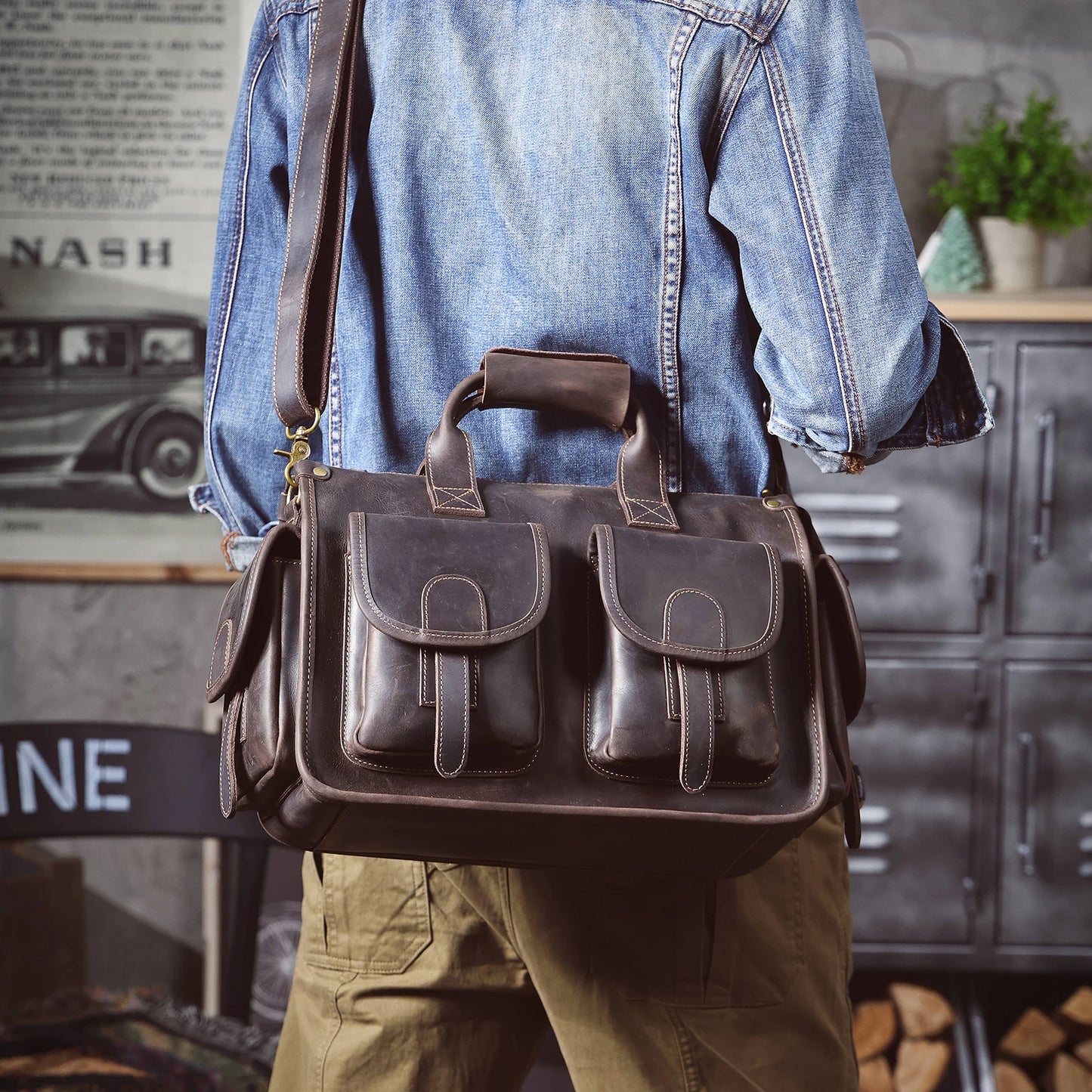 14” Genuine Leather Laptop Briefcase Vintage Messenger Bag