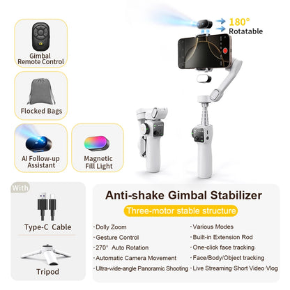 Handheld Phone Gimbal 3-Axis Stabilizer with Extension Rod