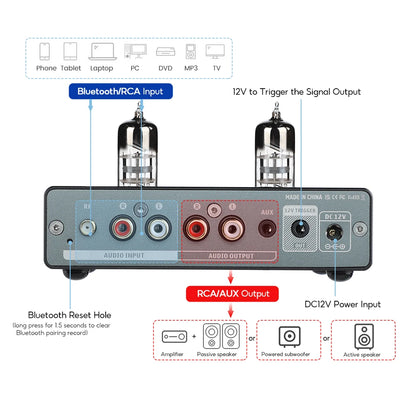 Tube Preamp Vacuum Amplifier with Bluetooth 5.1 & Tone Control