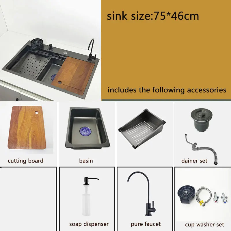 Stainless Steel Kitchen Sink with Nano Waterfall Tap 75x46cm