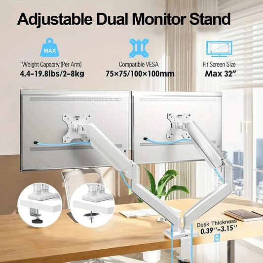White Dual Screen Adjustable Monitor Arm Desk Stand