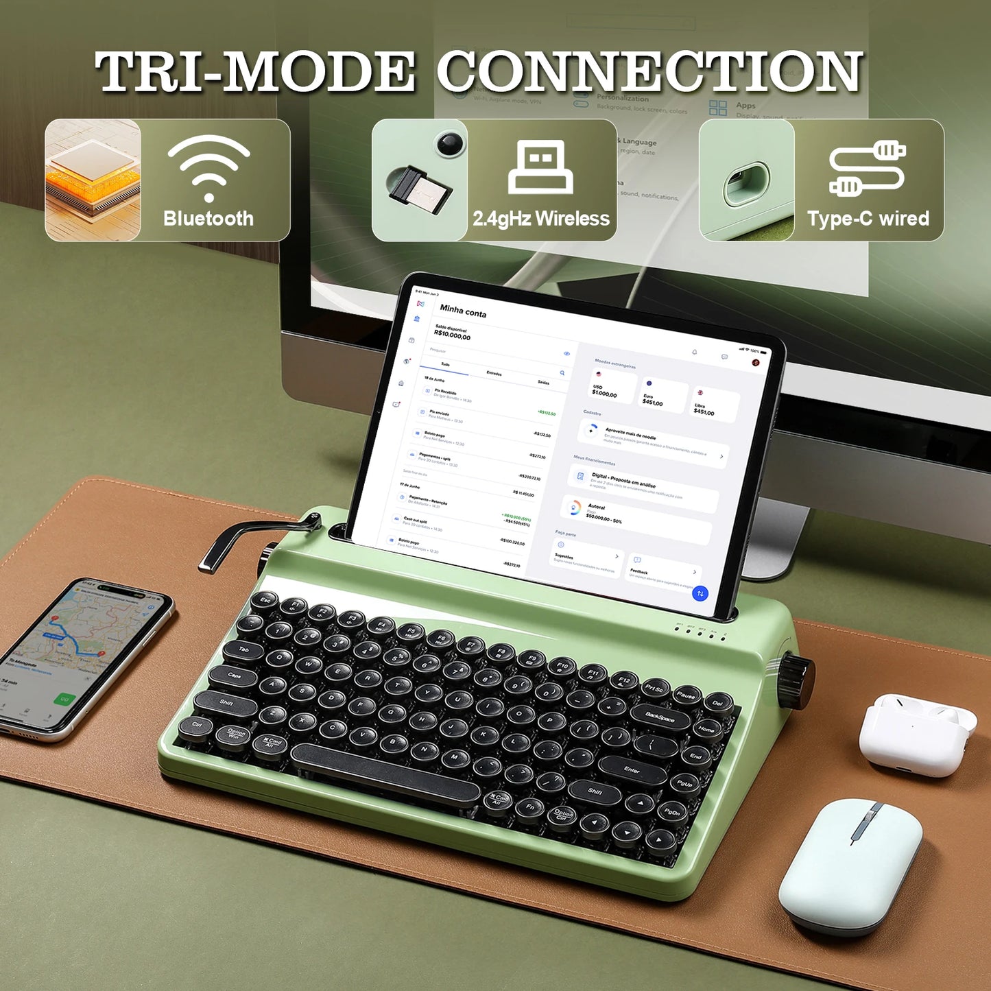 Green Wireless Retro Keyboard with RGB Lighting and Linear Switches
