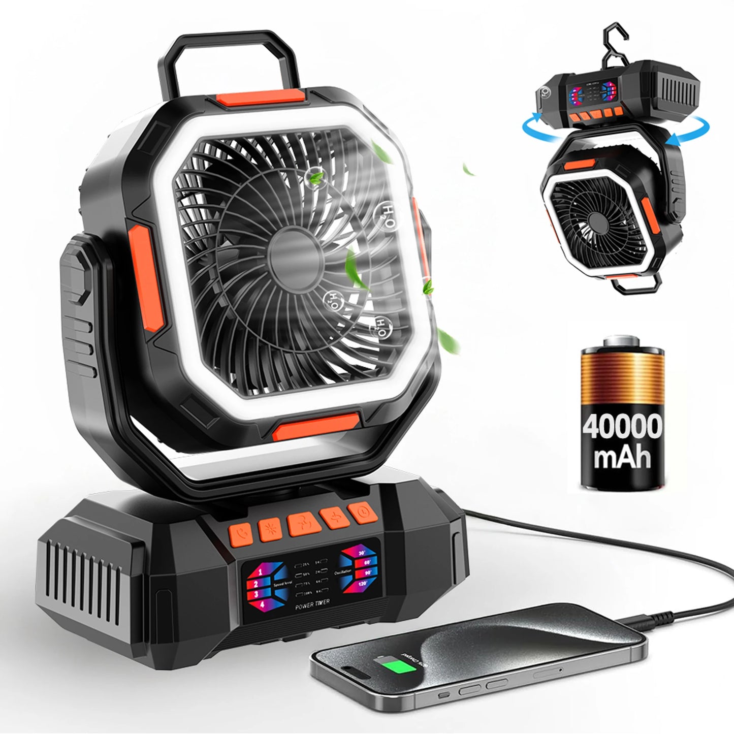 Portable Camping Fan with LED Light and 40000mAh Battery
