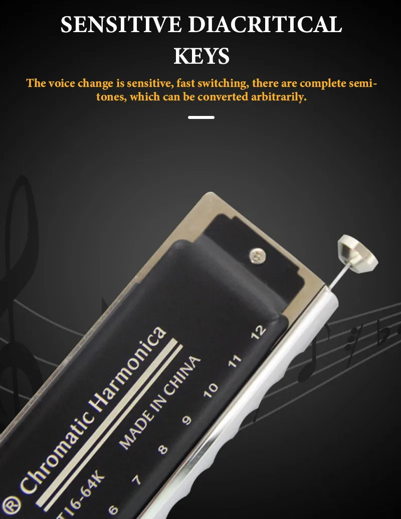 Professional 16-Hole Chromatic Harmonica 64 Tones C Key