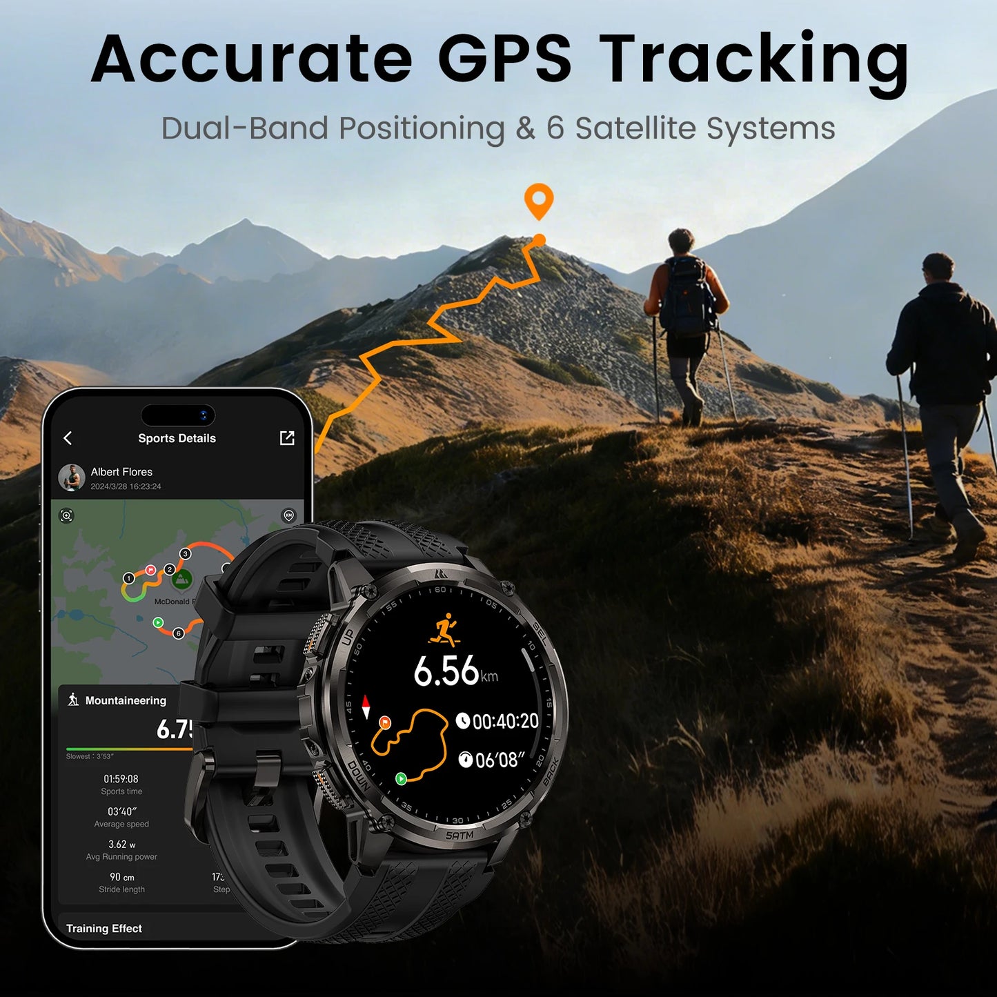 Tactical Smartwatch GPS Walkie Talkie 5ATM Waterproof Black