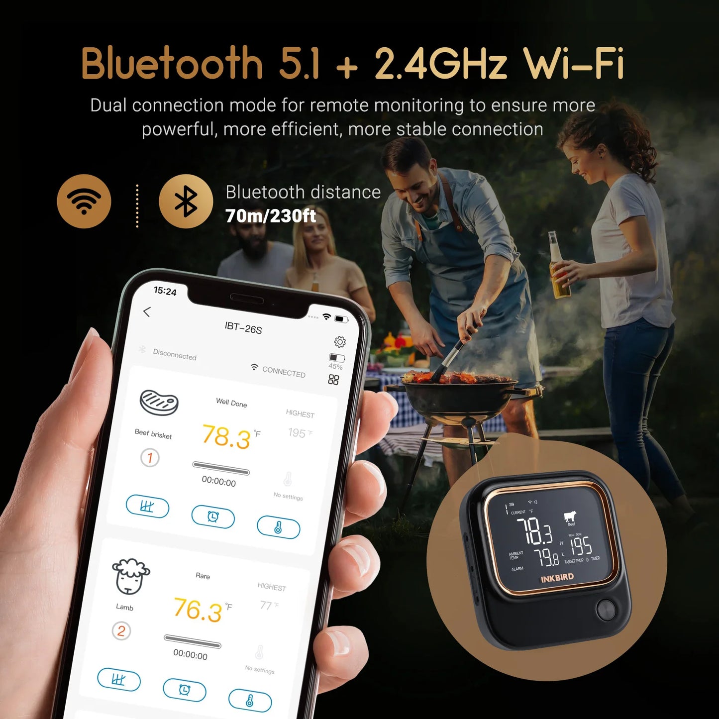 6 Probe BBQ Thermometer Bluetooth Wi-Fi App Control