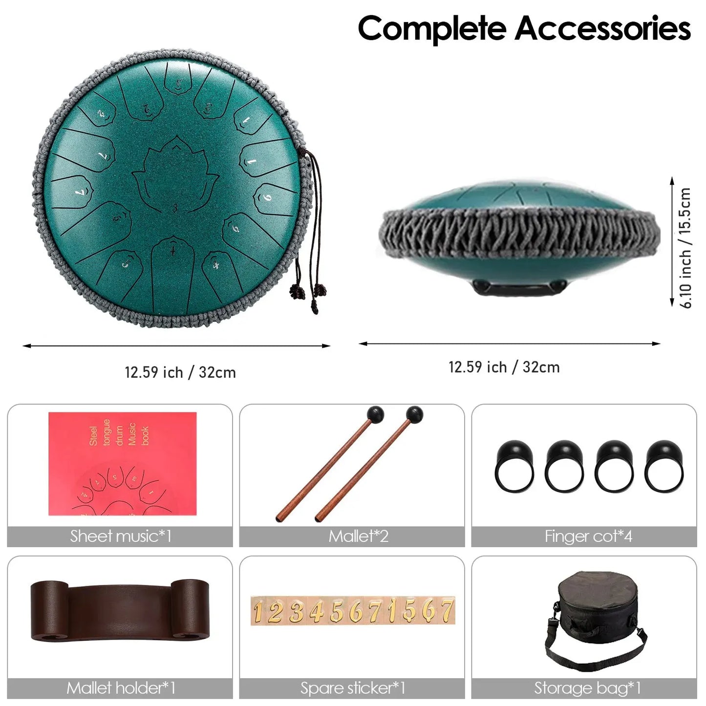 Dark Green 15 Note Tongue Drum 13 Inch Handpan