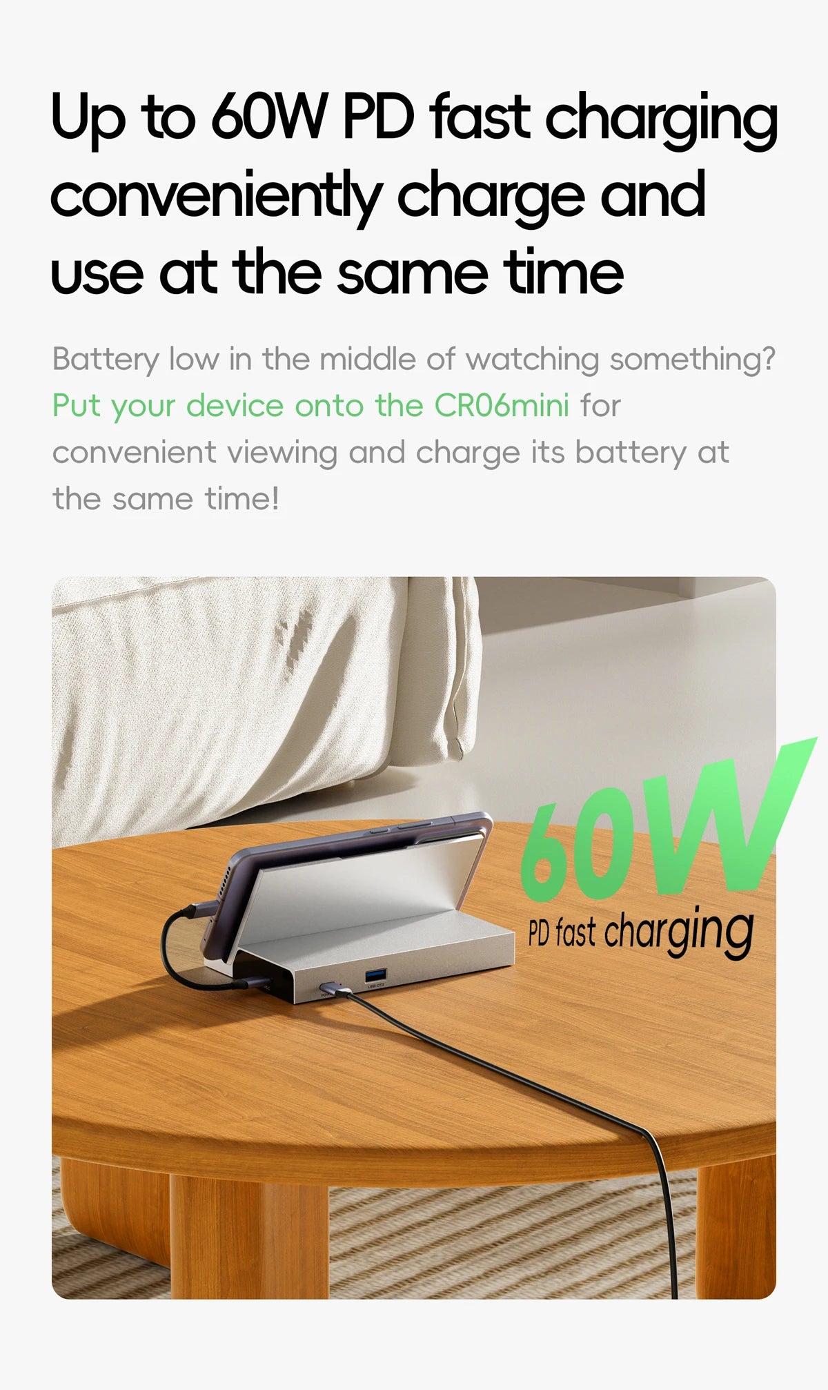 60W USB-C PD Fast Charger with USB 3.0 Hub