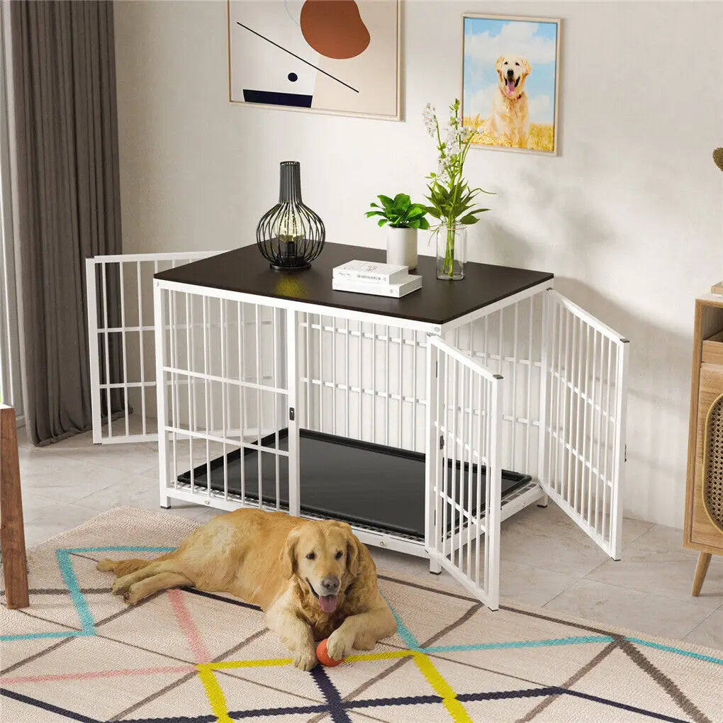 Wooden Metal Dog Kennel Furniture White L