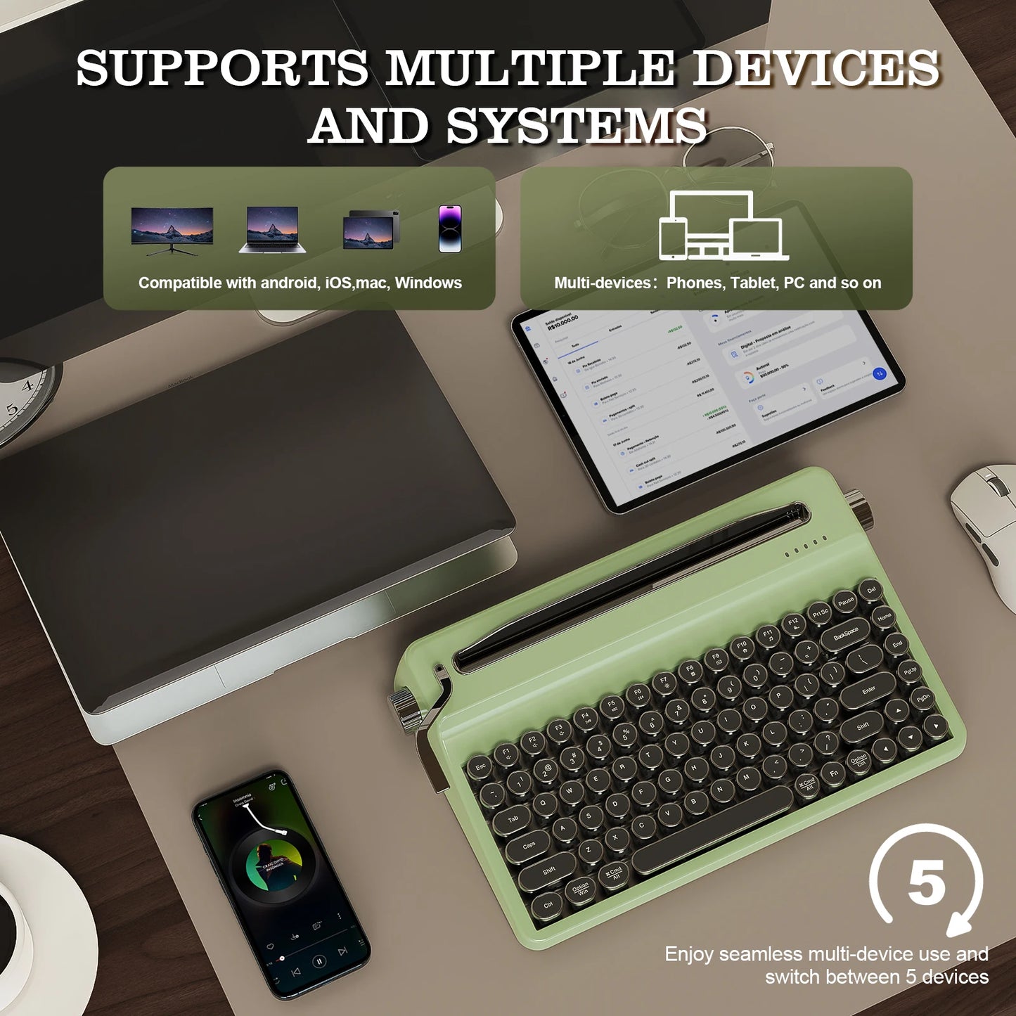 Green Wireless Typewriter Keyboard with RGB Backlight Tactile Switches