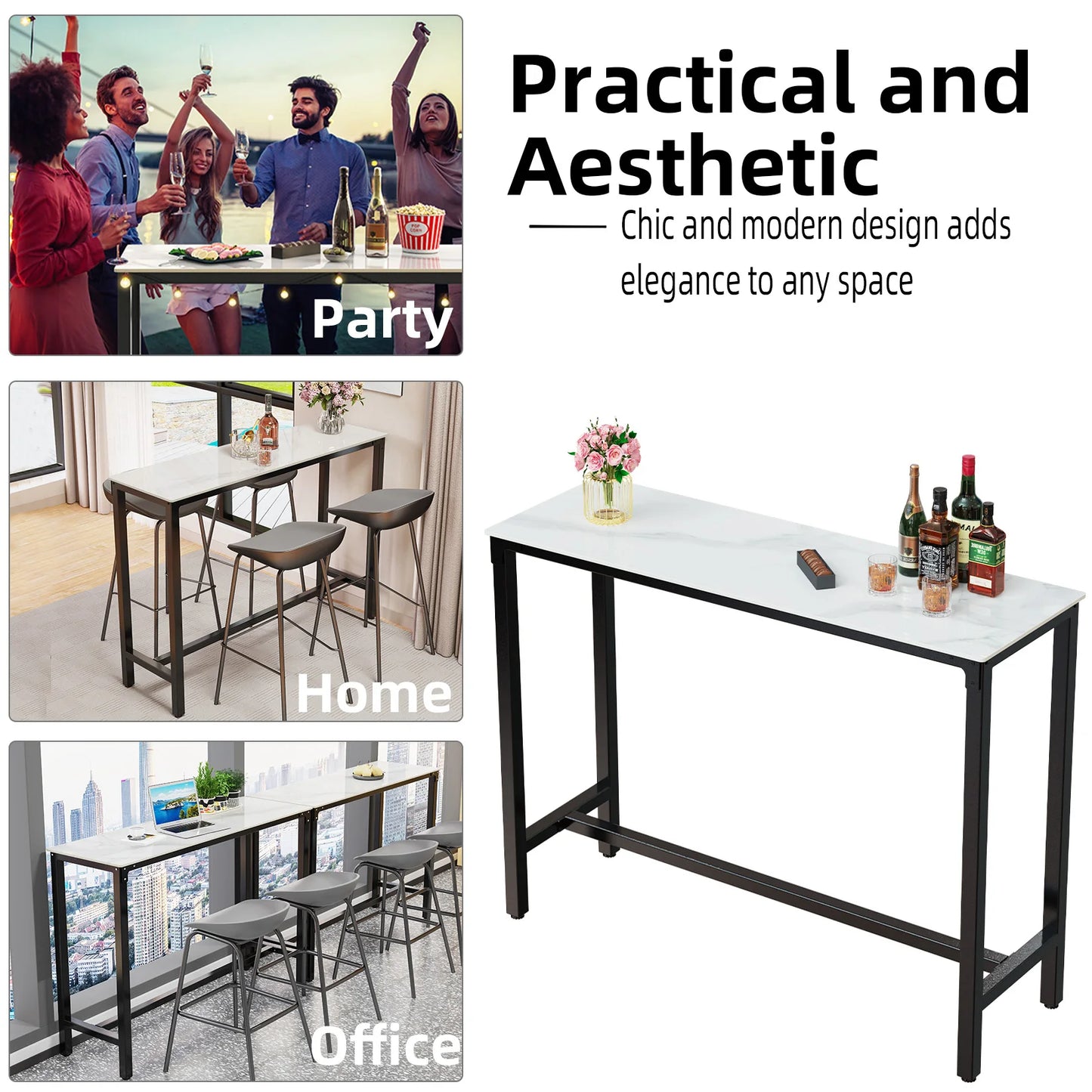 White Sintered Stone Bar Table with Black Metal Frame