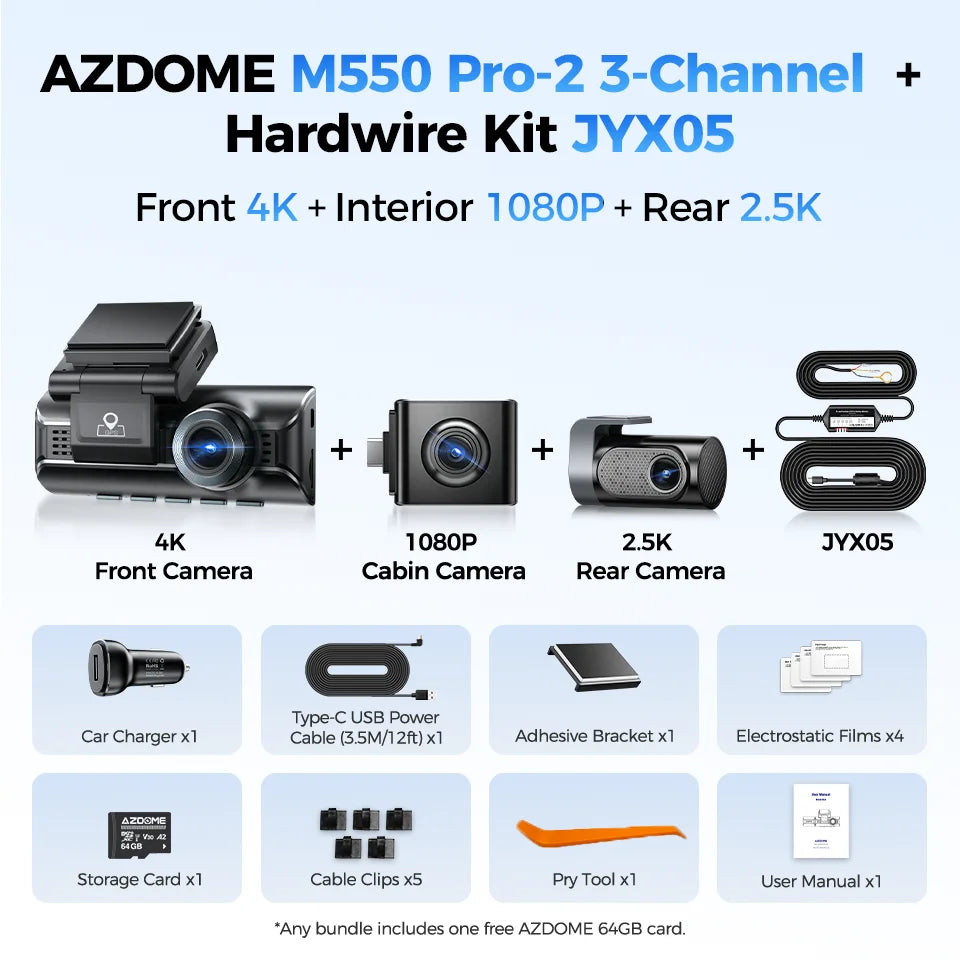 3-Channel 1080p Dash Camera with Hardwire Kit
