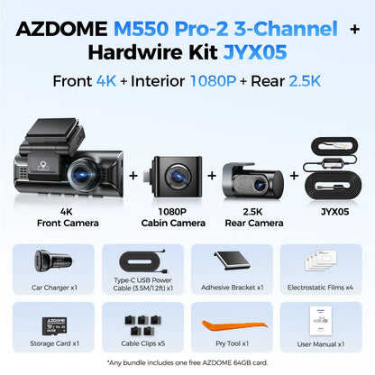 3-Channel 1080p Dash Camera with Hardwire Kit