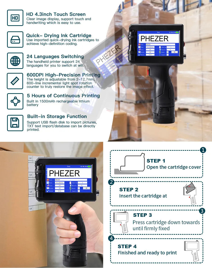 Handheld Inkjet Printer 12.7mm Date Code QR Logo Printing