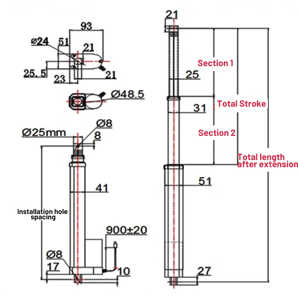 200mm Telescopic Electric Push Rod 1000N High-Thrust