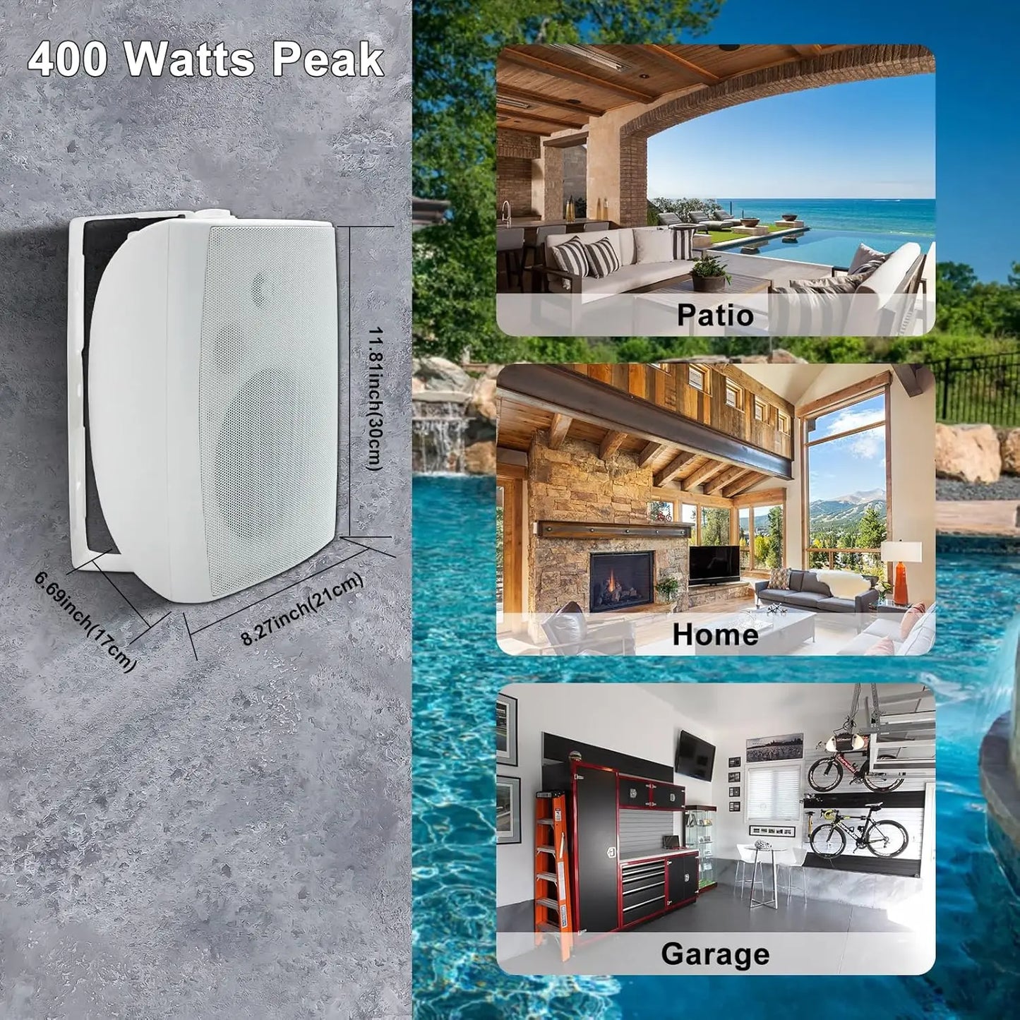 Indoor Outdoor 400W Bluetooth Speakers with Mount Brackets White