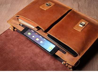 Vintage Leather Messenger Bag 14" Laptop Briefcase Coffee