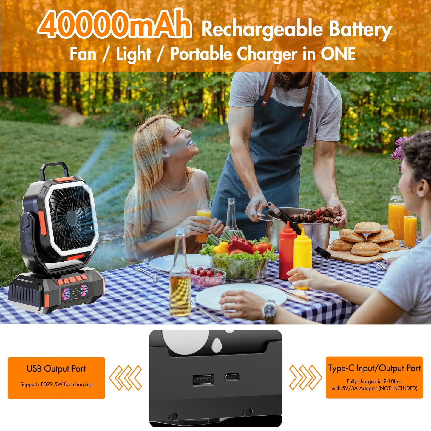 Portable Camping Fan with LED Light and 40000mAh Battery