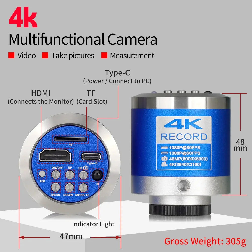 4K 48MP Industrial Microscope Camera 1–150X Zoom