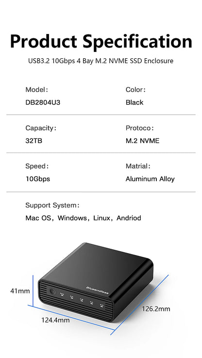 Aluminum 4-Bay NVMe SSD Enclosure 10Gbps USB-C