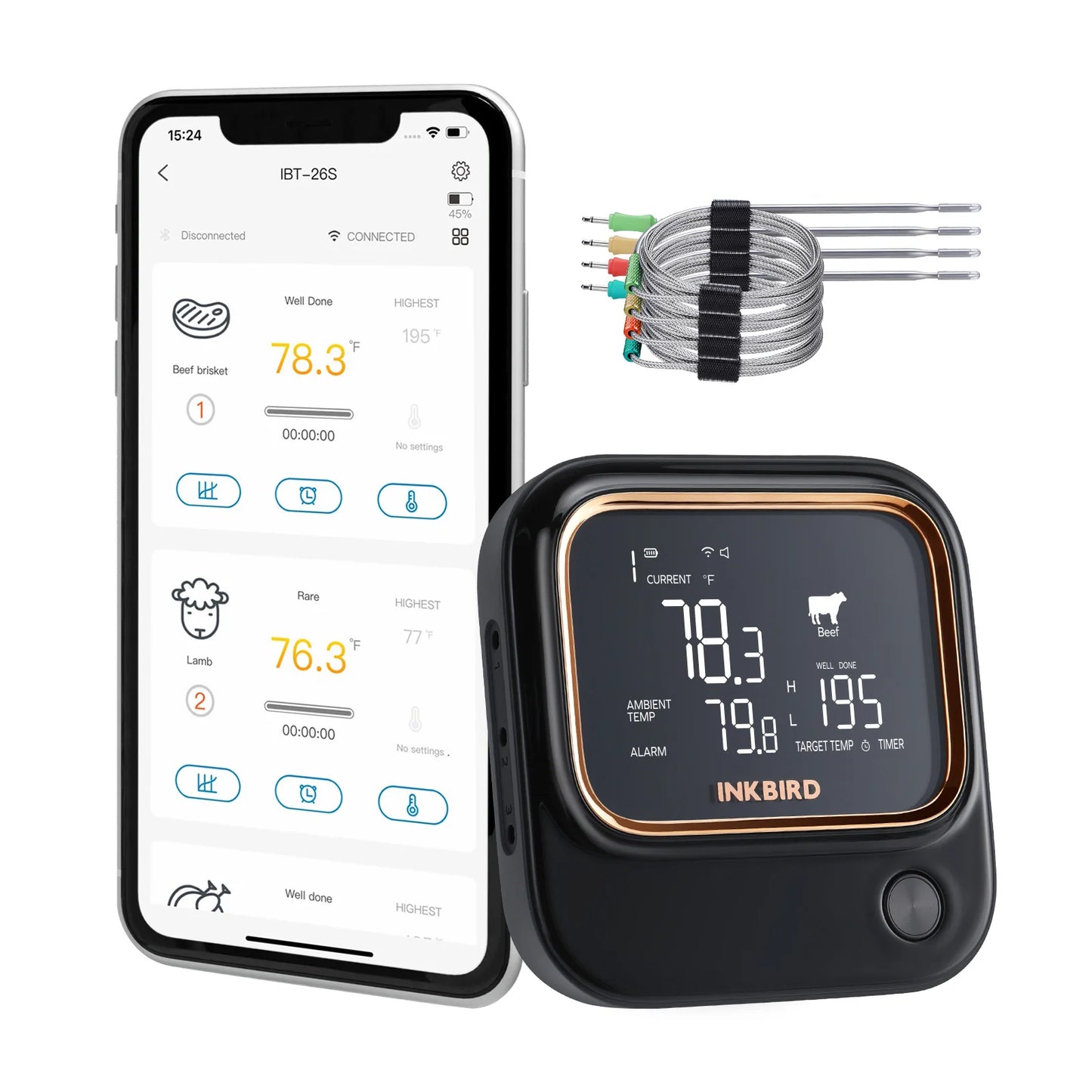 Smart 4-Probe BBQ Meat Thermometer with Backlit Display